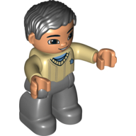 Lego Duplo Figure with Parted Wavy Hair Black, with Dark Bluish Gray Legs, Tan Sweater, and Brown Eyes / Tan