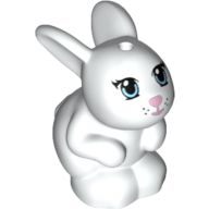Lego Animal, Rabbit / Bunny Sitting with Blue Eyes and Pink Nose and Mouth Print / White