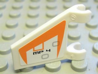 Lego Flag 2 x 2 Trapezoid with Flat Edge with Black 'MP 4' on Orange and White Background Pattern Model Left Side (Sticker) - Set 7646 / White