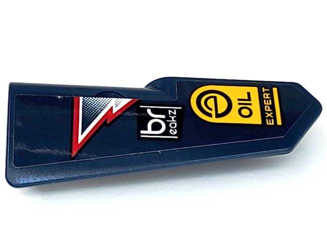 Lego Technic, Panel Fairing #21 Very Small Smooth, Side B with 'breakz', 'OIL EXPERT', Red and White Lightning Stripes Pattern (Sticker) - Set 42109 / Dark Blue