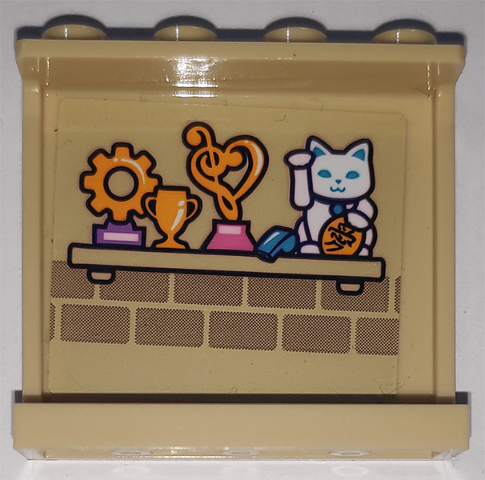 Lego Panel 1 x 4 x 3 with Side Supports - Hollow Studs with Butterfly on Outside and Shelf with Trophies and Cat Pattern on Inside (Stickers) - Set 41340 / Tan
