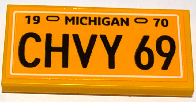 Lego Tile 2 x 4 with '19 MICHIGAN 70' and 'CHVY 69' Pattern (Sticker) – Set 10304 / Bright Light Orange