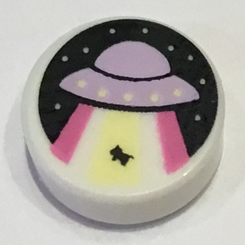 Lego Tile Round 1 x 1 with Lavender UFO, Abduction Ray Print / White