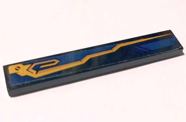 Lego Tile 1 x 6 with Dark Blue Stripe and Copper and Gold Mechanical Pattern Model Right Side (Sticker) - Set 70625