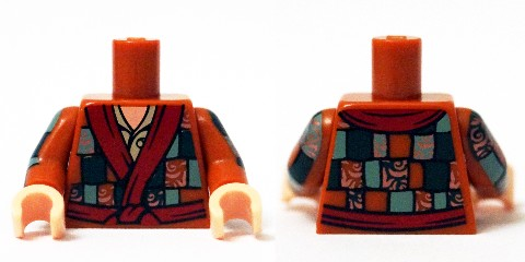 Lego Torso Robe with Dark Green and Sand Green Patchwork with Copper Filigree and Dark Red Trim over Tan Shirt with Button, Light Nougat Neck Pattern / Dark Orange Arms with Dark Green and Sand Green Patchwork with Copper Filigree Pattern / Light Nougat Hands