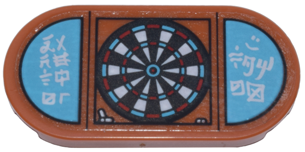 Lego Tile, Round 2 x 4 Oval with Dart Board and Medium Azure Scoreboard with White Ninjago Logogram 'DARETH' and 'TOM' Pattern (Sticker) - Set 71799 / Dark Orange