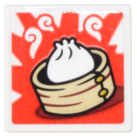 Lego Road Sign 2 x 2 Square with Open O Clip with White Baozi Dumpling in Bamboo Steamer on Red Background Pattern (Sticker) - Set 80036