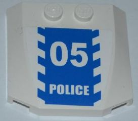 Lego Wedge 4 x 4 x 2/3 Triple Curved with Blue and White Danger Stripes and White '05 POLICE' on Blue Background Pattern (Sticker) - Set 3648 / White