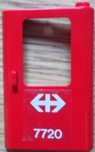 Lego Door 1 x 4 x 5 Train Right, Thin Support at Bottom with White Double Arrow (Swiss Federal Railways) and '7720' Pattern (Sticker) - Set 7720 / Red
