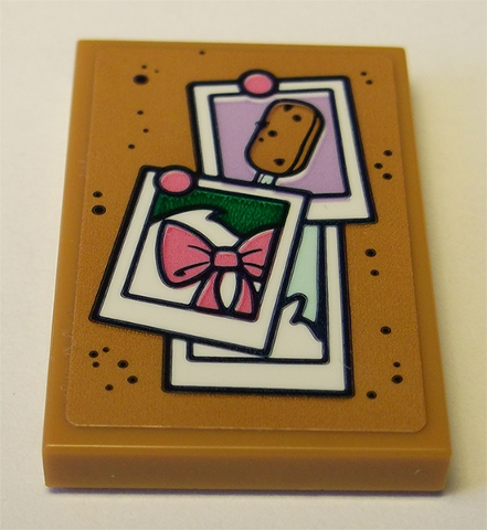 Lego Tile 2 x 3 with Cork Board with Pinned Bow and Ice Pop (Freezer / Lollipop / Lolly / Pole / Popsicle / Stick) Photos Pattern (Sticker) - Set 41342 / Medium Nougat