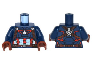 Lego Torso Armor with Silver Star on Chest and Red, White and Reddish Brown Harness Pattern / Dark Blue Arms / Reddish Brown Hands