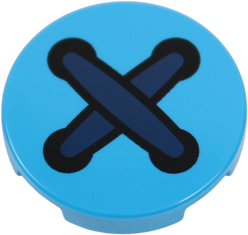 Lego Tile, Round 2 x 2 with Bottom Stud Holder with Dark Blue Crossed Stitches and 4 Black Button Holes Pattern