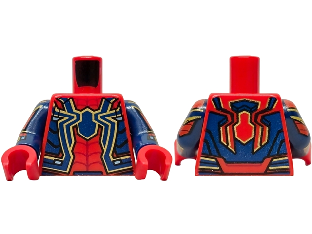 Lego Torso Spider-Man Dark Blue and Gold Spider and Trim, Dark Red Webs Pattern / Dark Blue Arms with Gold and Red Armor, Dark Red Webs Pattern / Red Hands