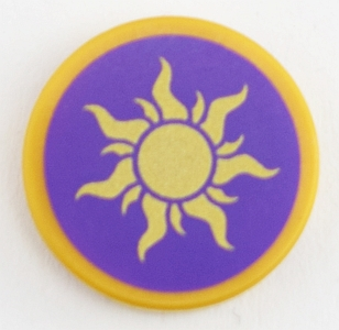 Lego Tile, Round 2 x 2 with Bottom Stud Holder with Gold Sun on Dark Purple Background Pattern
