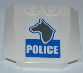 Lego Wedge 4 x 4 x 2/3 Triple Curved with Dog Head and White 'POLICE' on Blue Background Pattern (Sticker) - Set 7285 / White