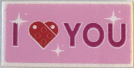 Lego Tile 2 x 4 with Magenta and Red 'I Heart YOU' on Bright Pink Background Pattern (Sticker) - Set 40679