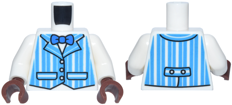Lego Torso Vest with Dark Azure Vertical Stripes, Black Trim and Pockets, Blue Bow Tie Pattern / White Arms / Reddish Brown Hands