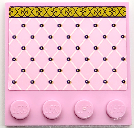 Lego Tile, Modified 4 x 4 with Studs on Edge with Bedspread with White Diamonds, Black Buttons and Gold Hem with Scrollwork Pattern (Sticker) - Set 43206 / Bright Pink