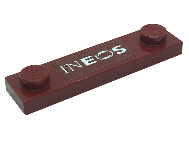 Lego Plate, Modified 1 x 4 with 2 Studs with Groove with White 'INEOS' Pattern (Sticker) - Set 76909 / Dark Red
