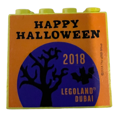 Lego Brick 2 x 4 x 3 with 'LEGOLAND Dubai 2018 HAPPY HALLOWEEN' Print / Yellow