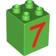 Lego Duplo Brick 2 x 2 x 2 with Red No. 7 Print / Bright Green