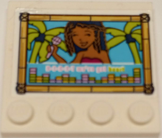 Lego Tile, Modified 4 x 4 with Studs on Edge with Andrea Minifigure Holding Microphone, Palm Trees, Sound Equalizer Bars and 'H-E-A-R-T we've got heart' in Bamboo Frame Pattern (Sticker) – Set 41374