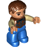 Lego Duplo Figure with Parted Wavy Hair Reddish Brown, with Blue Legs, Reddish Brown Jacket with Zippers, Tan Arms, and Brown Eyes