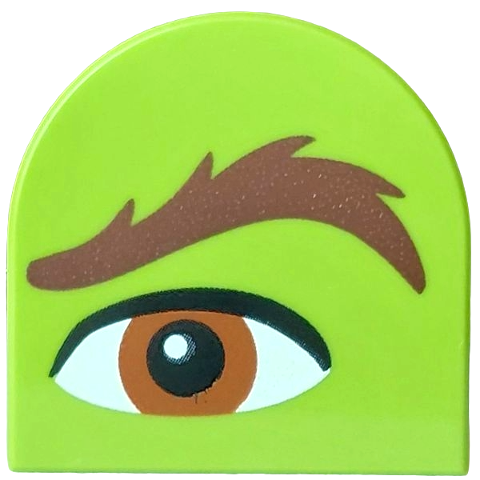 Lego Tile, Round 2 x 2 Half Circle Extended with Reddish Brown Eyebrow, Dark Orange Eye Pattern Model Left Side (Shrek)
