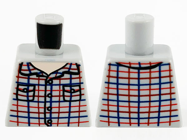 Lego Torso Shirt with Buttons, Collar and Pockets, Red, Dark Red and Dark Blue Plaid Lines Pattern / Light Bluish Gray