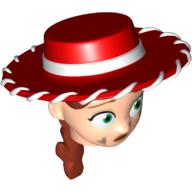 Lego Minifig Head Special with Red Cowboy Hat, Iron Red Ponytail with Dirt Stains Print (Jessie) / Light Nougat