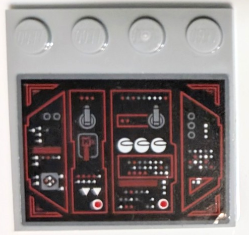 Lego Tile, Modified 4 x 4 with Studs on Edge with SW The Dark Falcon Control Panel with Red Lines, White Lights, Switches, Dials and Triangles Pattern (Sticker) - Set 75389