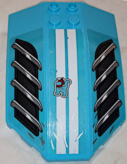 Lego Windscreen 8 x 6 x 2 Curved Sloped Sides with Cat (Mo) on White Stripes, Black Air Vents and Silver Grille Pattern (Stickers) - Set 80014