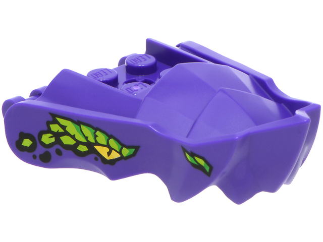 Lego Dragon Head (Ninjago) Jaw with Small Spikes and 2 Bar Handles on Back with Yellow Eyes, Lime and Bright Green Eyebrows, Scales and Nostrils Pattern / Dark Purple