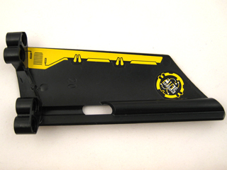 Lego Technic, Panel Fairing #20 Large Long, Small Hole, Side A with Yellow Border and Yellow and Silver Machinery Pattern on Inside (Stickers) - Set 8105 / Black