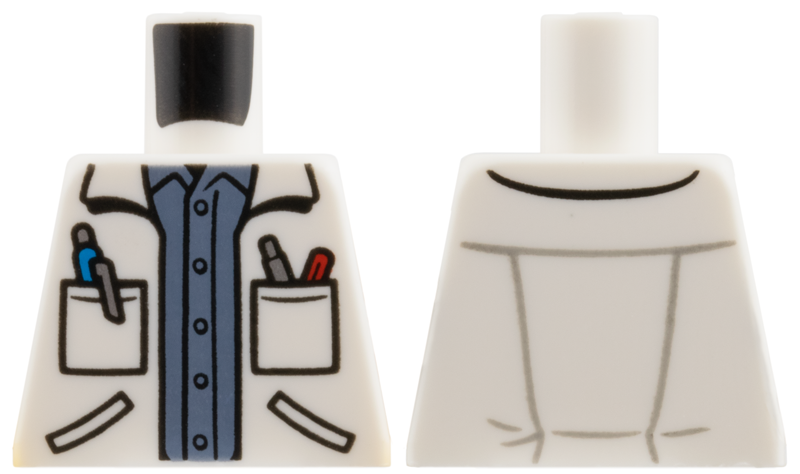 Lego Torso Lab Coat Open with Pens in Pockets over Sand Blue Shirt with Buttons Pattern / White