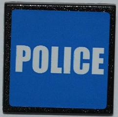 Lego Road Sign 2 x 2 Square with Clip with White 'POLICE' on Blue Background Pattern (Sticker) - Set 7498 / Black