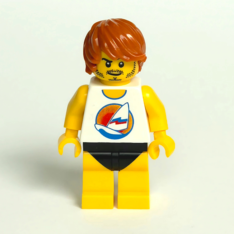 Lego Surfer, White Tank Top with Windsurfer, Yellow Legs with Black Swim Trunks