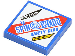 Lego Tile 2 x 2 with 'CELLFISH', 'SPIN WEAR' SAFETY GEAR' and 'ZENZORA' Pattern (Sticker) - Set 8125 / Blue