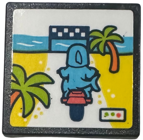 Lego Road Sign 2 x 2 Square with Open O Clip with Video Game Screen, Palm Trees, Finish Line and Racing Shark on Motorcycle Pattern (Sticker) - Set 42674