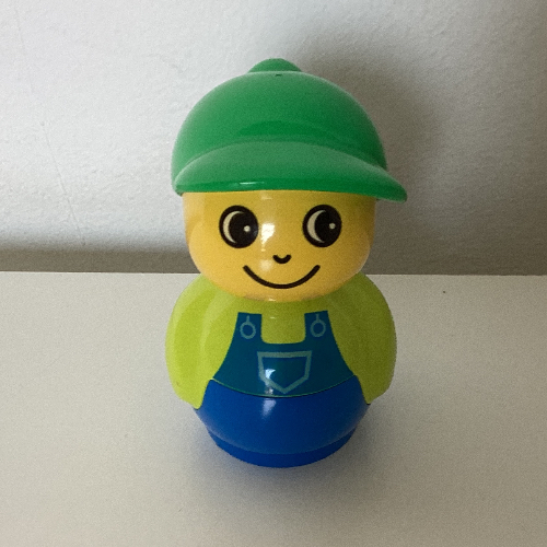 Lego Primo Figure Boy with Blue Base, Blue Dungarees Print, Green Cap / Lime
