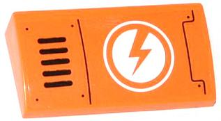 Lego Slope, Curved 2 x 4 x 2/3 with Bottom Tubes with Lightning Bolt in Circle and Horizontal Grille Pattern Model Left (Sticker) - Set 70705 / Orange