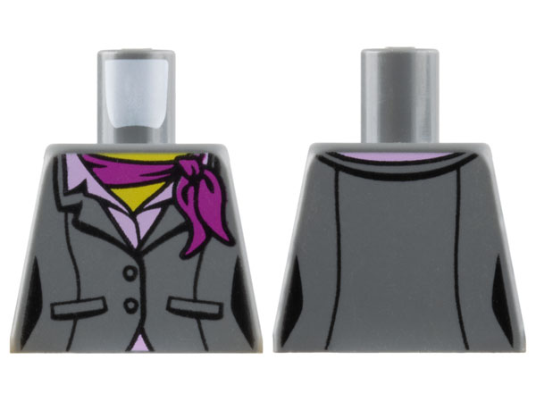 Lego Torso Female Suit Jacket with Buttons, Pockets, and Seams over Bright Pink Shirt with Collar, Magenta Scarf, Yellow Neck Pattern / Dark Bluish Gray