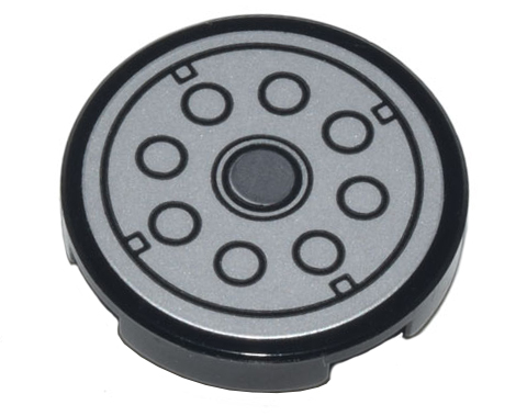 Lego Tile, Round 2 x 2 with Bottom Stud Holder with Silver Reflector with Dark Bluish Gray Circles Pattern (Sticker) - Set 10298