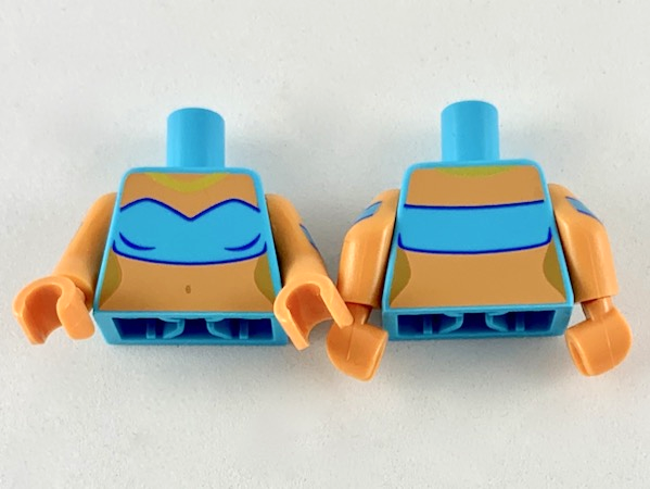 Lego Torso Female Tube Top, Gold Necklace, Nougat Neck and Midriff Pattern / Nougat Arms with Medium Azure Curved Armband Pattern / Nougat Hands