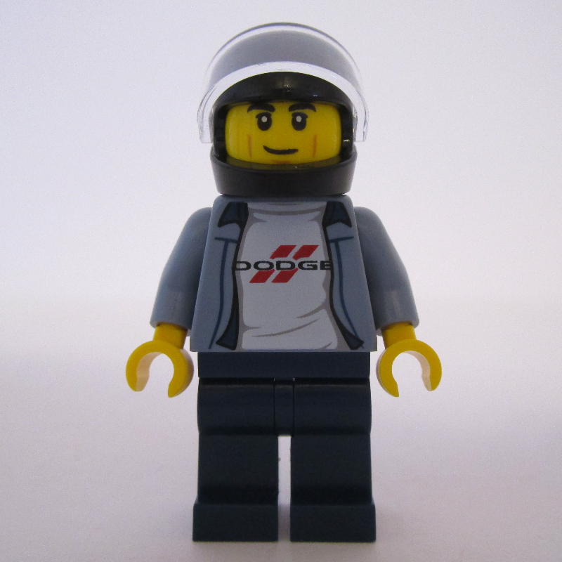 Lego Race Driver, Sand Blue Torso, Dark Blue Legs, Black Helmet, Dodge