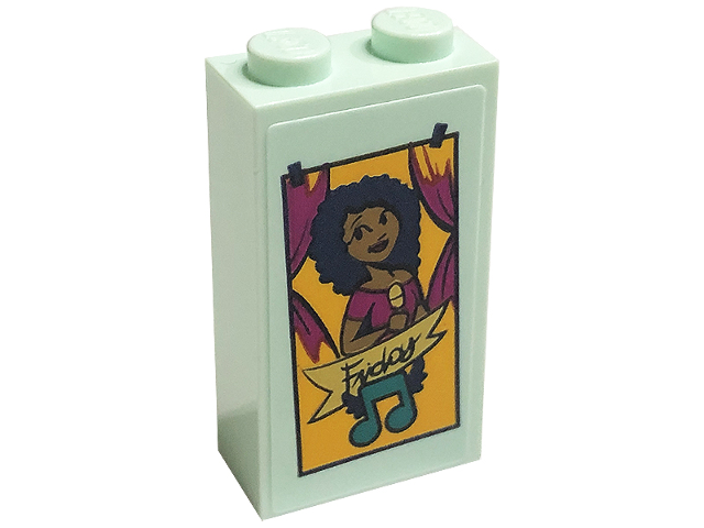 Lego Brick 1 x 2 x 3 with Friends Minifigure Holding Microphone with Music Note and 'Friday' Pattern (Sticker) - Set 41449