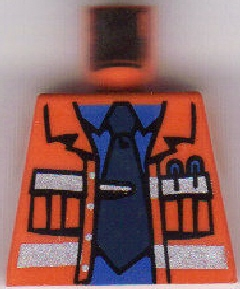 Lego Torso Town Construction Jacket Open, Silver Reflective Stripes, Blue Shirt, Dark Blue Tie Pattern / Orange