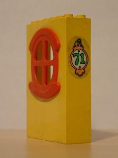 Lego Fabuland Building Wall 2 x 6 x 7 with Round Symmetric Red Window with '71' Pattern (Sticker) - Set 3672 / Yellow
