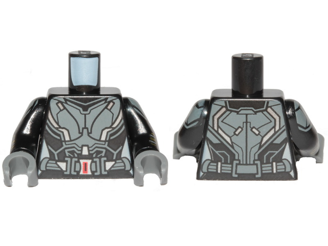 Lego Torso Female Outline, Black Suit with Gray and Silver Lines and Belt with Red Buckle Pattern / Black Arms with Gray Shoulder Armor, Gray and Gold Stripes Pattern / Dark Bluish Gray Hands
