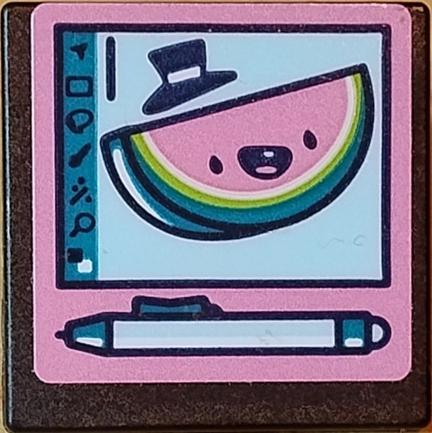 Lego Road Sign 2 x 2 Square with Open O Clip with Screen with Dark Pink, Dark Turquoise and Lime Watermelon Slice with Face, Hat and Light Aqua Stylus Pen Pattern (Sticker) - Set 41711